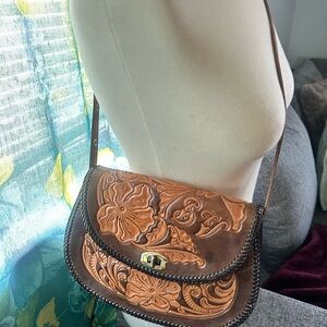Brown Floral Embossed Leather Crossbody Bag